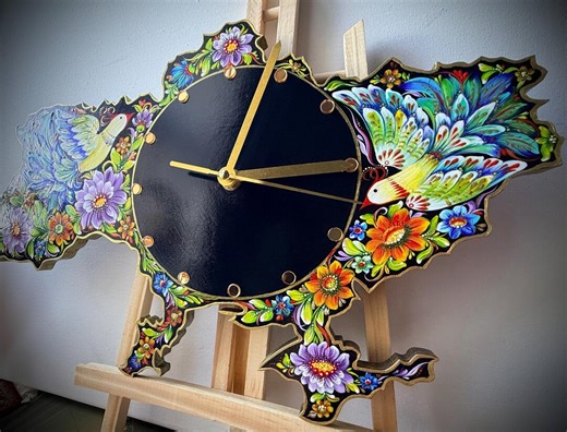 Hand Painted Petrykivka Wall Clock | Ukrainian Floral Folk Art - Etsy