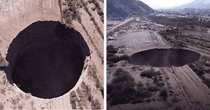 Aerial footage reveals mysterious 82-ft-wide SINKHOLE which is ‘still growing’