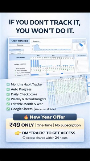 Devansh Mishra on Instagram: "New Year. Better Habits. Simple System. Track your habits with a clean Monthly Habit Tracker (Google Sheets) No apps. No subscriptions. Just consistency. ✔ Track up to 25 daily habits ✔ Auto graphs & progress dashboard ✔ Change month & year anytime ✔ Works on phone & laptop New Year Offer: ₹49 (one-time) 👉 DM “TRACK” to get it Hashtags: #habittracker #newyeargoals #dailyhabits #productivity #selfimprovement googlesheets digitalproduct consistency goalsetting indiac