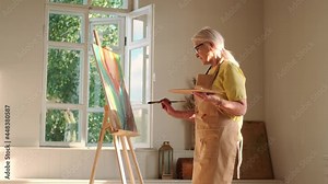Senior Artist, Art Workshop, Sun Rays, Painting Woman. Senior woman artist paints a picture on canvas Stock Video