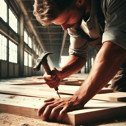 Hammer pounding in a nail into a board inside a large building sound effect