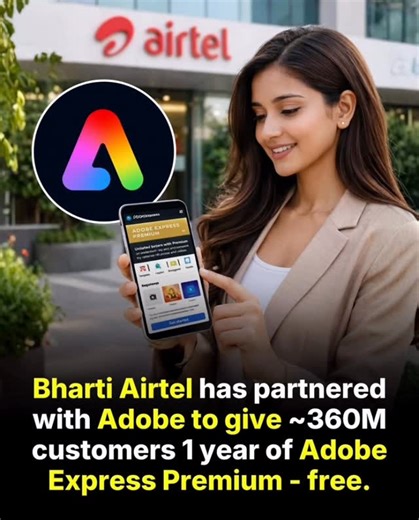 Kurkuri News on Instagram: "Bharti Airtel and Adobe have launched a first-of-its-kind global partnership today, January 29, 2026, offering Adobe Express Premium for free to all 360 million Airtel customers for one year. Quick Highlights The Deal: One year of Adobe Express Premium (normally ₹4,000/year) at no cost. Eligibility: Open to all active Airtel Mobile (Prepaid/Postpaid), Wi-Fi, and DTH users. No Catch: Activation through the Airtel Thanks App requires no credit card or payment details. C