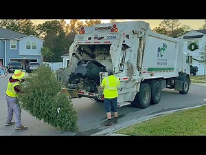 FCC Mack Ez-Pack Goliath Rear Loader Garbage Truck Packing Massive Post Christmas Trash Piles +Trees