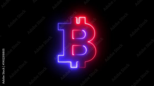 Glowing neon red and blue color Bitcoin sign icon animation circle business coin bank wealth currency money financial investment economy buy trade on black background