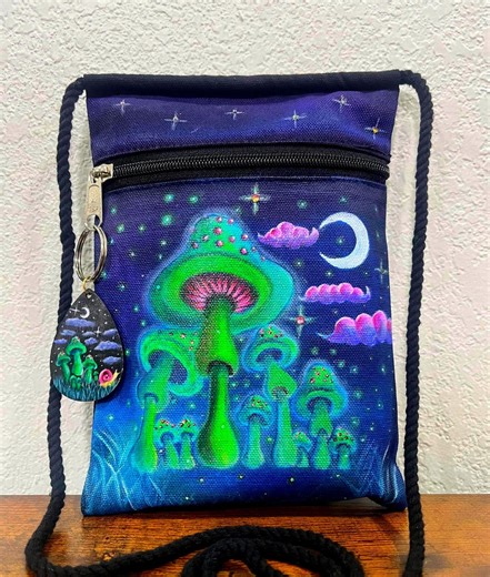 Hand-painted Mushroom Magic Crossbody Bag, Green and Purple Fantasy Purse - Etsy