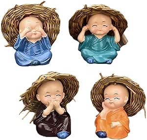 UPKOCH Car Aromatherapy Ornaments 4Pcs Miniature Buddha Monk Statues with Straw Hats Small Monk Figurines Dashboard Decor for Home and Vehicle
