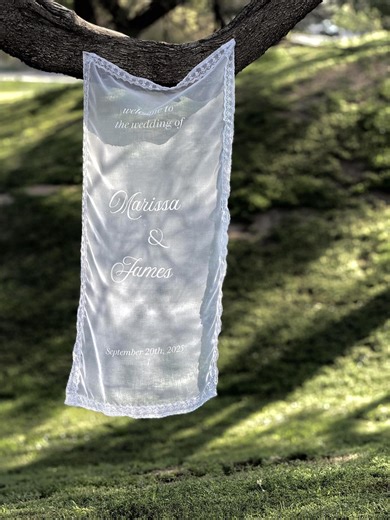 Sheer Fabric Wedding Welcome Sign With Lace Trim | Custom Wedding Banner | Romantic Ceremony Entrance Sign | Sheer Wedding Decor (3 Sizes) - Etsy