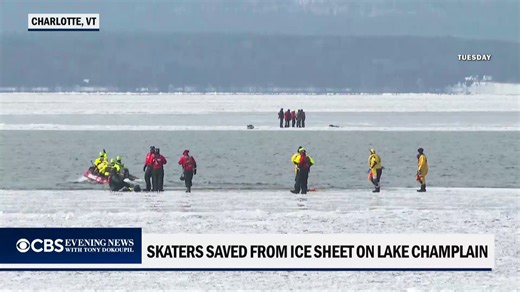 Five skaters were rescued after a large crack suddenly opened in the ice on frozen Lake Champlain between New York and Vermont. | CBS Evening News