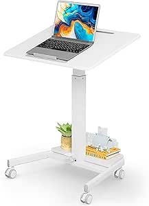 JOY worker Mobile Standing Desk with 90° Tilting Desktop, Foot Pedal Pneumatic Height Adjustable Rolling Desk, Mobile Laptop Cart with Width Adjustable Storage Base, 4 Lockable Wheels, White