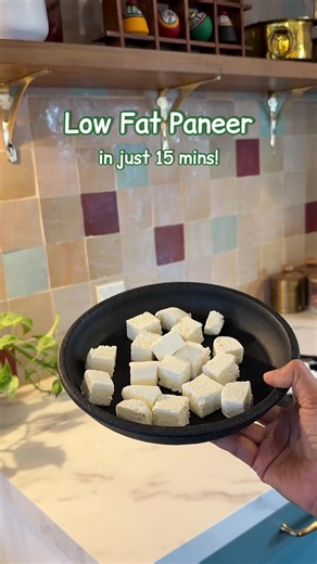 Low fat Paneer is so easy to make at home with just 2 simple ingredients! We love paneer and it’s a great source of protein especially for vegetarians like me! However it can be high in fat and low fat paneer is not available in the market in the US! But you can make it right in your kitchen with just about 15 minutes of prep time! 🌟 1/2 gallon 1% milk 🌟 2 tablespoons white vinegar, you might need more Boil the milk, once it boils, turn heat to low and start adding the vinegar, you might need 