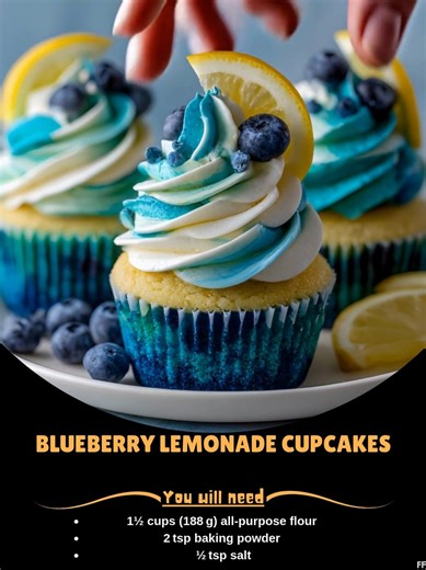 Blueberry 🌆 Lemonade Cupcakes Fluffy blueberry cupcakes with a zesty lemon swirl frosting, topped with a fresh lemon slice. 🧁 Ingredients For the Lemonade Buttercream: 1 cup unsalted butter, softened 4 cups powdered sugar 2–3 tbsp fresh lemon juice 1 tsp lemon zest Optional: 1 tbsp blueberry juice or food coloring for blue swirl Pinch of salt For the Cupcakes: ..... Full Recipe in Coʍmеոτ 💬 ⛴ | Tasty Recipes