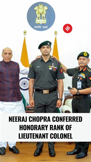 On Wednesday (October 22), Olympic gold medallist javelin thrower Neeraj Chopra was conferred with the rank of Lieutenant Colonel, with Defence Minister Rajnath Singh describing him as an "epitome" of perseverance, and national pride. Singh conferred the insignia of honorary rank of Lieutenant Colonel to the star javelin thrower, serving in the Territorial Army, at a pipping ceremony in New Delhi that was also graced by Army Chief Gen Upendra Dwivedi and many other senior officials of the force.