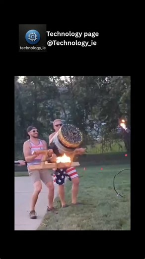 Technology page on Instagram: "Blazing into the summer spirit with pure American flair! 🎆👊 Watch as these fearless guys launch an epic homemade firework cannon, sending a spectacular burst of sparks soaring into the night sky. The kid in the patriotic stars-and-stripes shorts is front and center, holding the explosive masterpiece on a wooden frame while his buddies give full support from behind. The flames ignite the moment, creating an unforgettable celebration of freedom, fun, and DIY excite