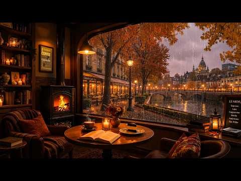 Cozy Café by the River 🌧️ Soothing Jazz Piano, Autumn Rain & Fireplace Sounds for Relaxation