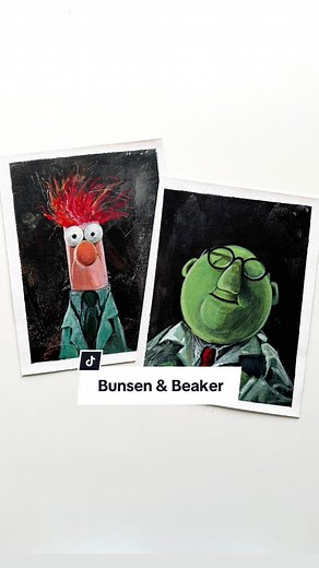 Beaker and Dr Bunsen Honeydew, acrylic studies on paper 💛💚 (These studies are a warmup for my next series of portraits… follow my stories to see what else is on my desk!) #canadianartist #alteredart #heathercastles #upcycledvintageart #themuppets #muppet #themuppetshow #muppetportrait #beaker #beakermuppet #bunsen #bunsenbeaker #d#drbunsenhoneydewportrait #acrylicportrait #80stv