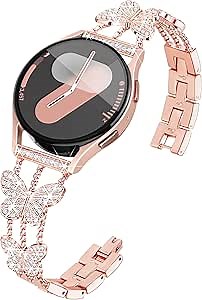 20mm Watch Band for Samsung Galaxy Watch 7 6 5 4 FE Band 40mm 44mm, Women Bling Diamond Slim Cute Metal Bands for Watch 6 Classic/5Pro/4 Classic/Watch 3 41mm/Active 2-Rose Gold