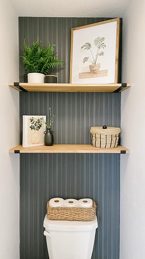 88K views · 734 reactions | This is a simple but impactful DIY! You could also skip the trim and just paint the wall! Paint color is peppercorn by sherwin Williams, the shelves are poplar wood stain color is Early American and the brackets are linked in my amazon store through the link in my bio  #watercloset #diybathroom #flutedtrim | spetrichhome | Facebook
