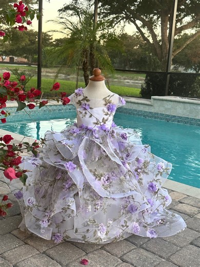 Purple Princess Flower Girl Dress With Train, Luxury Tulle Gown for Wedding or Birthday Pageant– Romantic - Etsy