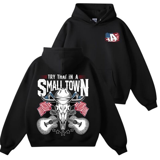 Try That in A Small Town Hoodie, Country Music Cowboy Skull, Patriotic Western Guitar Sweatshirt - Etsy