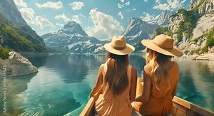 Two women in a boat on a lake, wearing hats and holding hands. Scene is peaceful and relaxing
