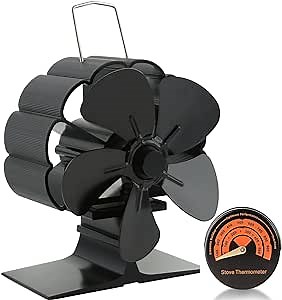 Mini Stove Fan, Wood Stove Fans Non Electric, Fireplace Fan Heat Powered, Stove Top Fan for Fireplace/Wood Stoves/Burner/Wood burning/Pellet Eco Friendly with Thermometer