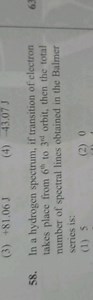 In a hydrogen spectra Balmer series n=6 to n=3 calculate the nu... | Filo