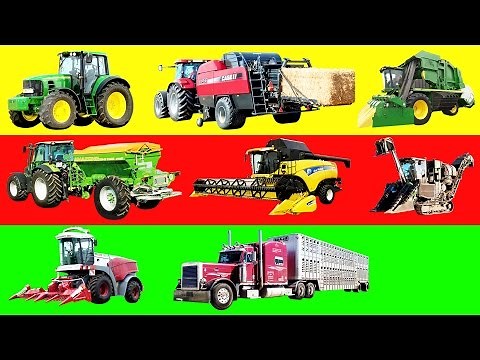Learning farm vehicles and equipment names and sounds for kids. Tractors and Trucks for children