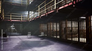 An old deserted prison with empty closed cells. The animation is intended for crime stories, violence, or historical reference. View of the old empty prison.