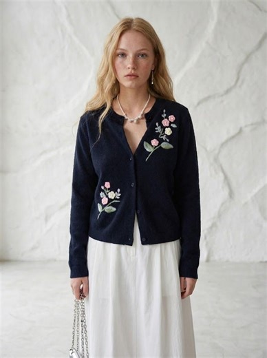 Navy Blue Floral Embroidered Cardigan, Vintage Style Knit Sweater, Pearl Button Crew Neck Jumper, Cottagecore Aesthetic Soft Winter Top Gift - Etsy