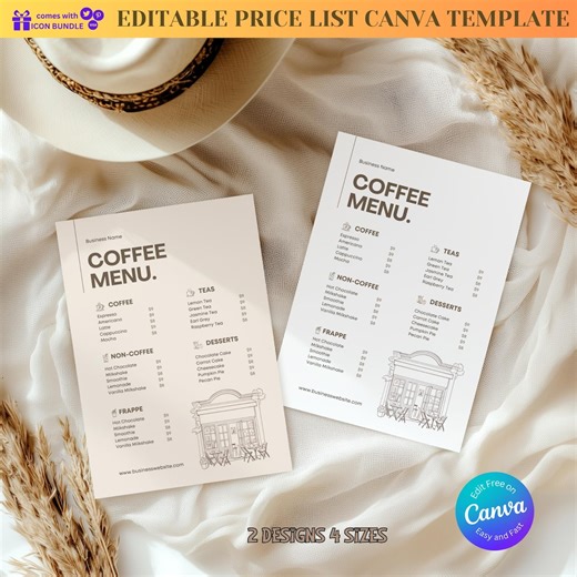Plantilla de menú de cafetería editable, lista de precios moderna (descarga digital) - Etsy México