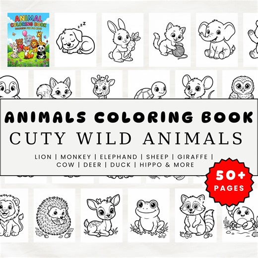 Animal Coloring Book | 50 Simple Pages for Kids (PDF Pattern) - Etsy