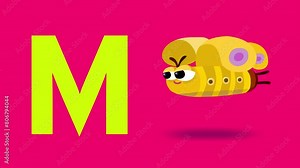 M letter big color like moth cartoon animation. Animal loop. Educational serie with bold style character for children. Good for education movies, presentation, learning alphabet, etc...