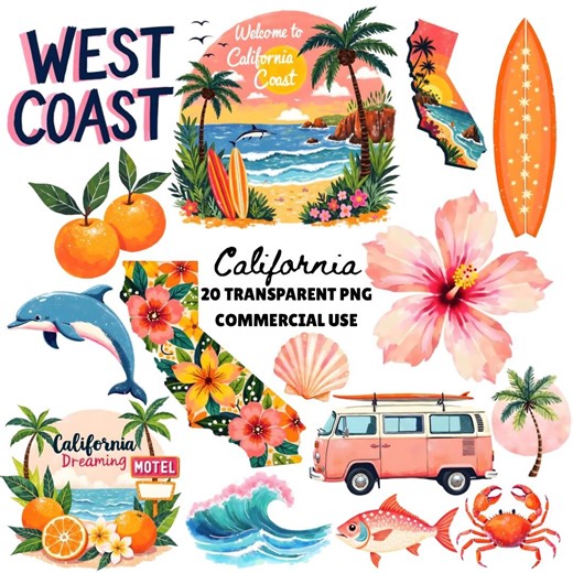 California Clipart, Coastal Clipart, Retro Beach Clipart, Los Angeles PNG, Hotel California PNG, Travel PNG - Etsy