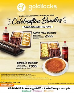 Get the best deal with our new Celebration Bundles! Enjoy a Goldilocks Fiesta Pack with a whole cake roll or egg pie and a bottle of Coke for only P999. Promo is available for walk-in, take-out and delivery purchases. You can avail of the promo in select stores nationwide. Order for delivery via our Hotline 8888-1-999 Or online at www.goldilocksdelivery.com.ph Also Available on : Foodpanda, GrabFood, Lalafood, Mangan.ph and OrderMoPH. Prices may vary for delivery. To see our list of open stores,