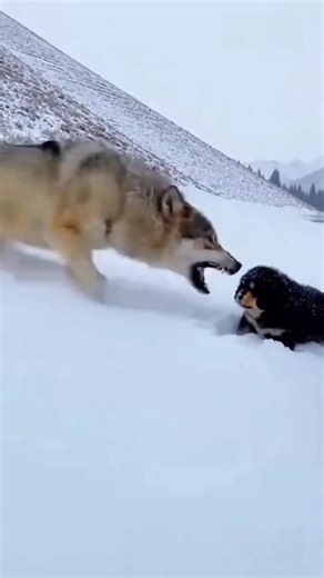 A mother Tibetan Mastiff dog surprised a wolf that was attacking her cub with a counterattack.