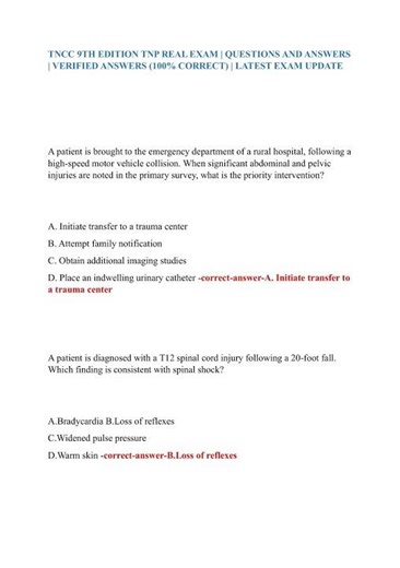 Tncc Trauma Nursing Core Course 9th Edition By Ena Complete Tnp Real Exam TEST BANK With 100