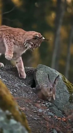 Rabbit Bursts From Ground And Startles Lynx #wildlife #animalbehavior #animals