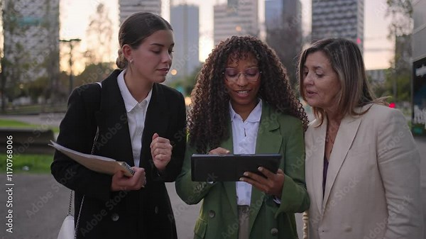Women Teamwork. Team of three business females working together in the city, planning urban design construction project