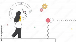 Explore business dynamics: Woman searches with a magnifying glass in this captivating motion video.