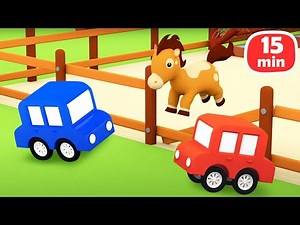 4 voitures colorées et les animaux. Dessin animé éducatif en français.