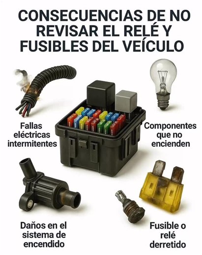 🚗⚡ Consecuencias de no revisar el relé y los fusibles del vehículo Los fusibles y relés son piezas clave que protegen los sistemas eléctricos del auto. Si no se revisan o reemplazan a tiempo, pueden provocar fallas intermitentes, daños costosos o incluso dejarte varado sin previo aviso. ⚠️ 🔥 Fallas eléctricas intermitentes El desgaste o falsos contactos en los relés y fusibles generan cortes de corriente que afectan luces, sensores y otros sistemas eléctricos. 💡 Componentes que no encienden U