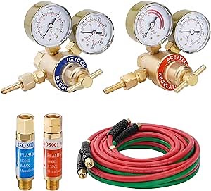 SPARKWHIZ Oxygen and Acetylene Regulator Welding Gas Gauges Pair (CGA540 and CGA200) + Flashback Arrestors Regulator End 9/16-18 Threads B Size + Oxygen Acetylene Hose 1/4-Inch × 25 Feet