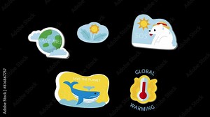 Global warming, cartoon nature and animals are suffering from the heat. Set of animated stickers with transparent alpha channel Stock Video
