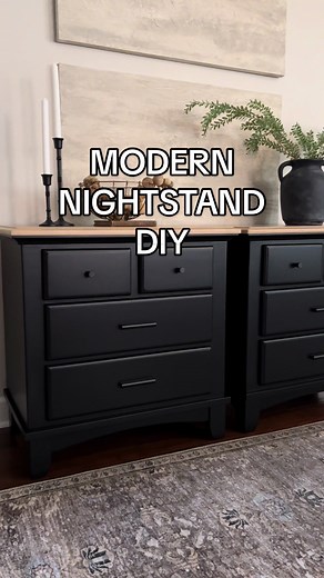 DIY furniture you’ll love again! 🖤 These outdated bedside tables got a huge furniture makeover! ⬇️ • Paint: Wise Owl Jet Black • Tan Wash: Fusion Algonquin Behr Open Canyon (mix with 3 parts water to 1 part paint) #bedsidetable #furnituremakeover #modernfurniture #diyproject #paintedfurniture