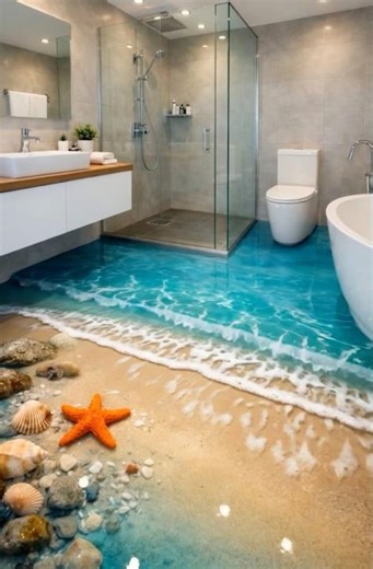 This 3D epoxy bathroom floor is INSANE 😱 #renovation #beforeandafter #diy