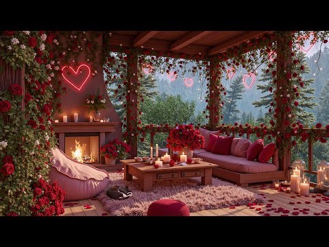 Romantic Valentine’s Cozy Porch 💕🔥🎶 Gentle Jazz Playlist & Rain Sounds for Calm, Chill