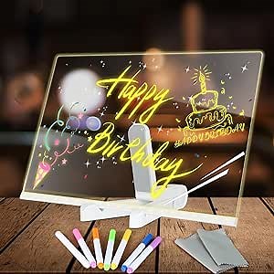 LED Note Board with Colors, 11.8"X7.9" 4 Modes & 7 Colors Led Acrylic Message Board with Light, Light up Acrylic Dry Erase Board, Led Drawing Board with Stand, 7 Markers Lumiboard Drawing Board