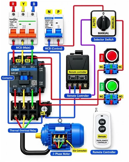 Title:⚡ 3-Phase Motor Auto/Manual & Remote Control Wiring Diagram