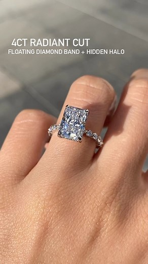 Golden String Inc on Instagram: "Pave bands are nice and classic but when my clients asks for something a bit more unique a floating diamond band is the first thing I pull! They’re floating style is named after the lack of prongs showing making it seems as those diamonds are “floating”. The scalloped edges are so loved, keeping things classic but adding some texture💍 •4ct Radiant Cut on our Floating Diamond Band + Hidden Halo The rings on our feed are custom therefore aren’t listed on ou