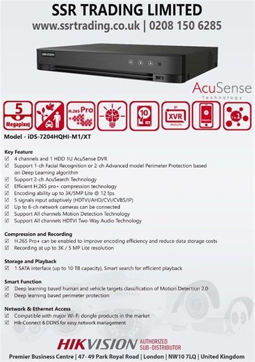 Hikvision 4 Ch 5MP/3K 1U H.265 AcuSense DVR - Two-Way Audio Technology - iDS-7204HQHI-M1/XT